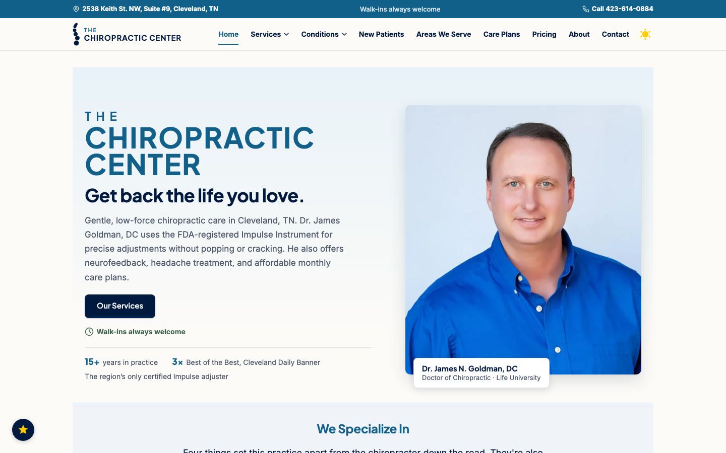 The Chiropractic Center website after the rebuild